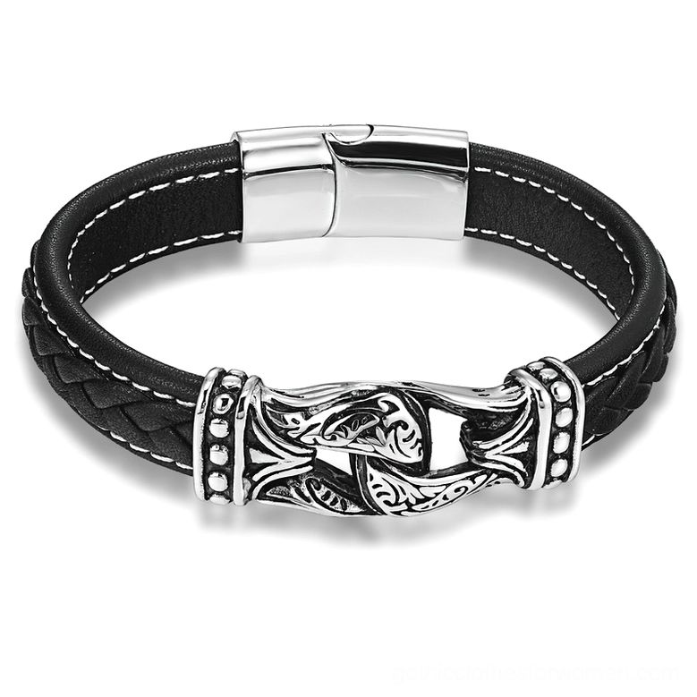 Black leather gothic bracelet with stainless steel magnetic clasp, flat lay overhead view showcasing craftsmanship