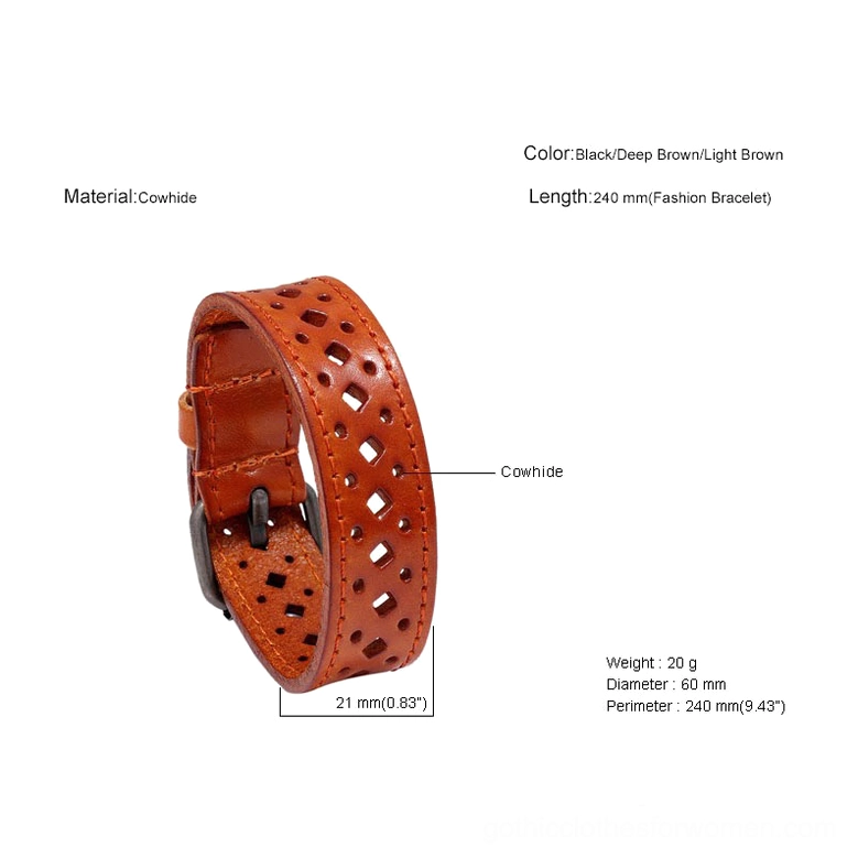 Light brown leather cuff bracelet side profile showing thickness, metal buckle fastening, and adjustable strap design