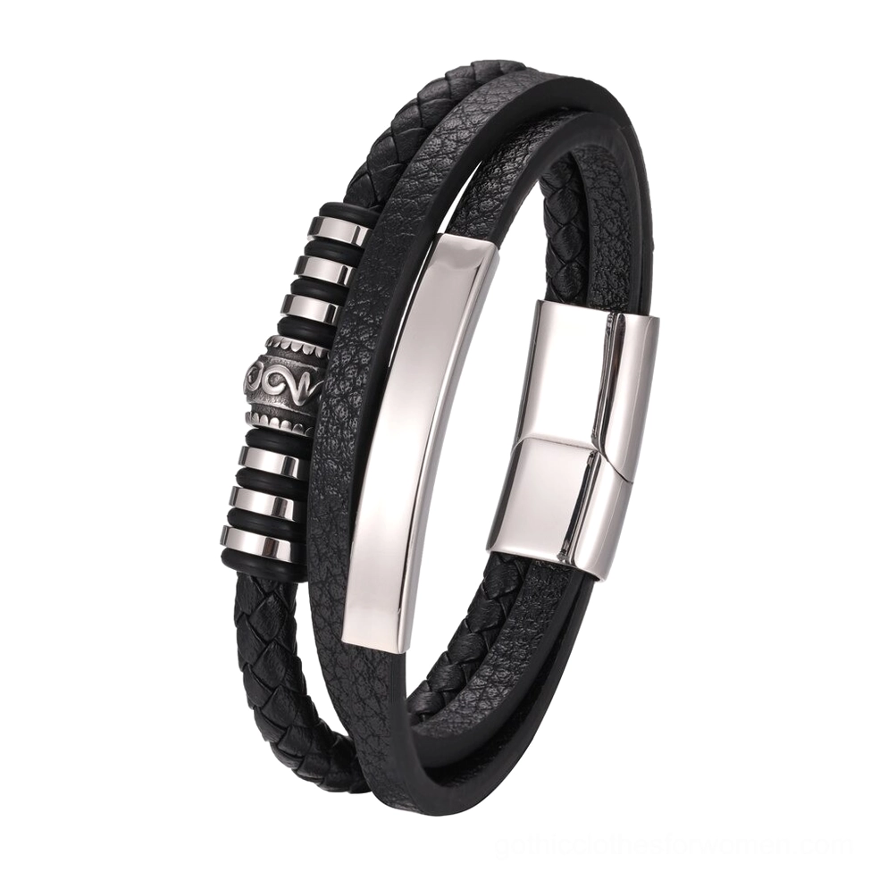 Gothic leather bracelet side profile with vintage engraved metal bead details
