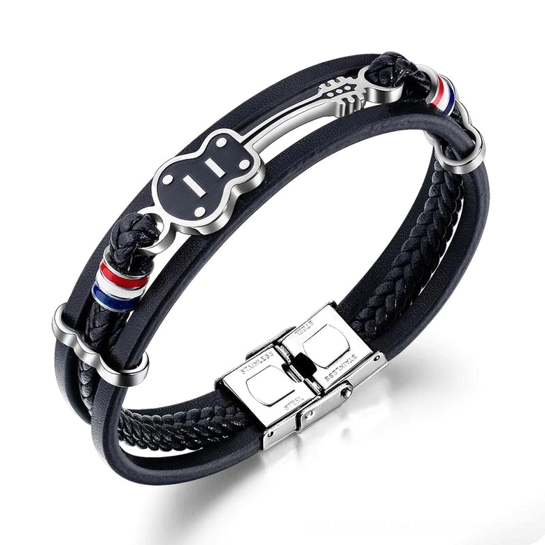 Gothic leather bracelet with tri-color striped accents and braided band design, side view