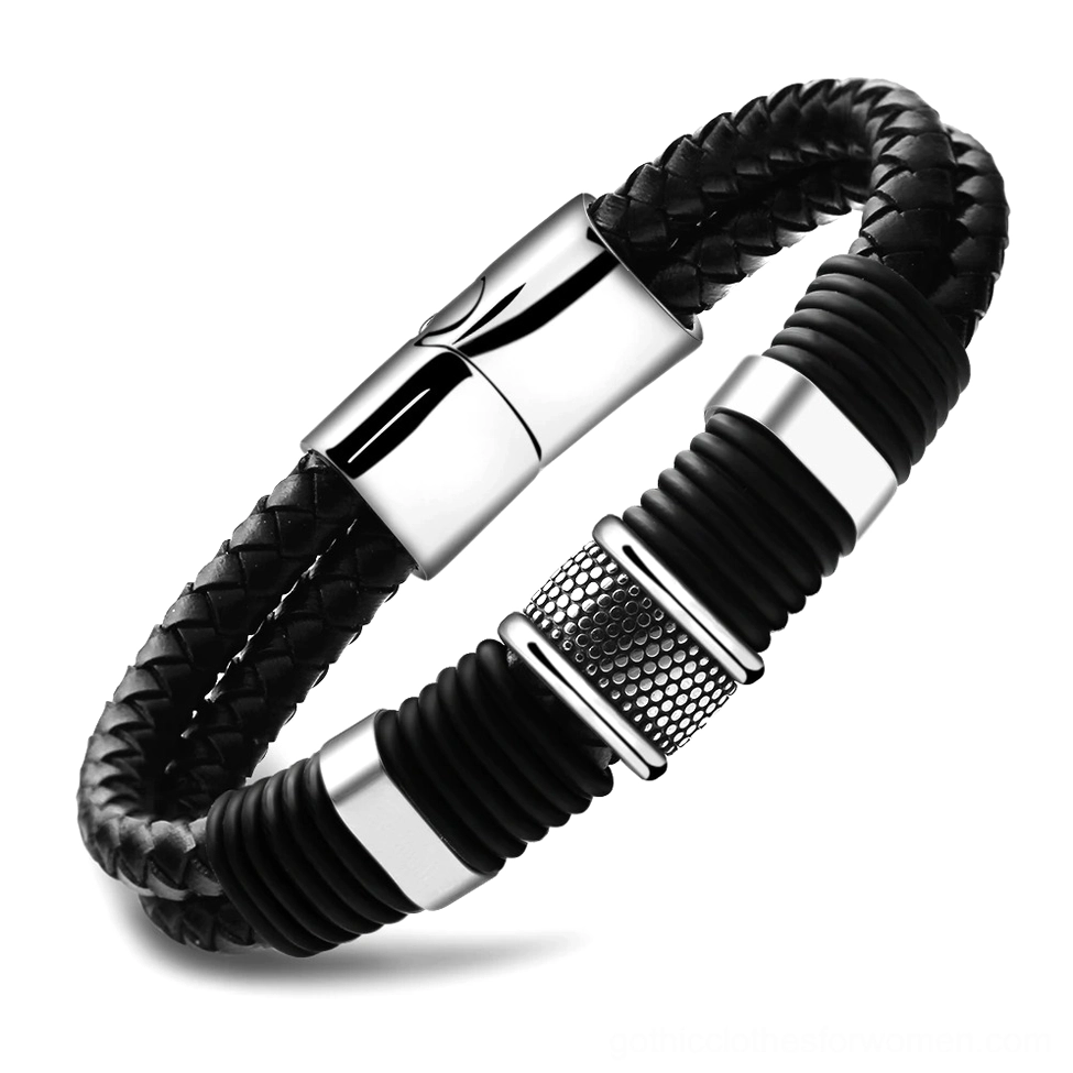 Black braided leather gothic bracelet with stainless steel toggle clasp - overhead angled view on white background