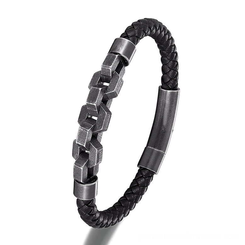 Two distinct styles of men's black leather gothic bracelets with gunmetal chain segments displayed flat lay, showing style variations