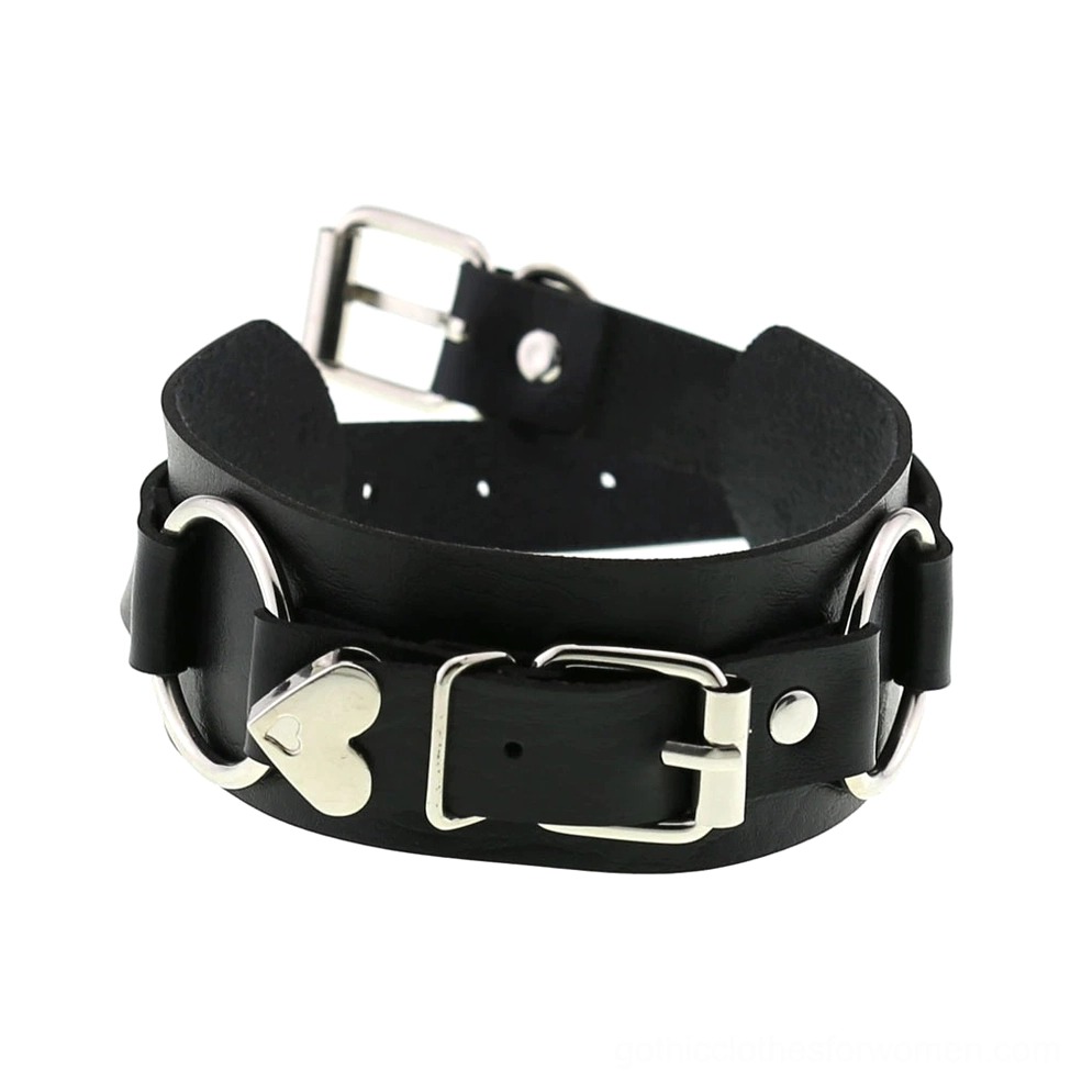Gothic leather choker with heart embellishment displaying full adjustable length range