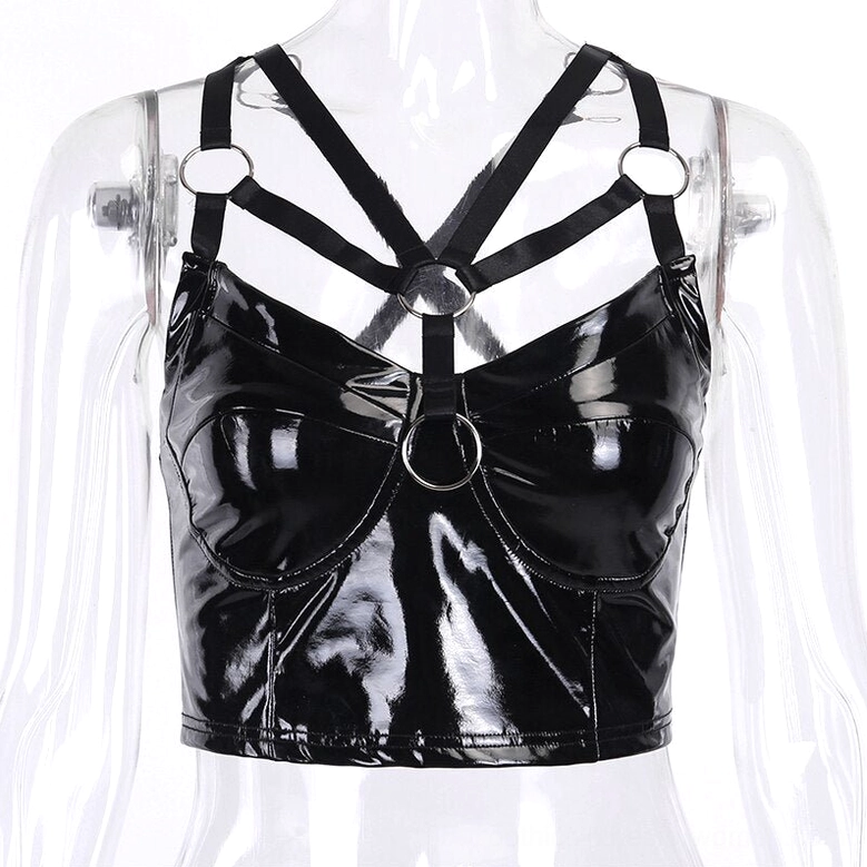 Gothic crop cami on clear mannequin displaying metal O-ring harness straps and gloss patent leather finish