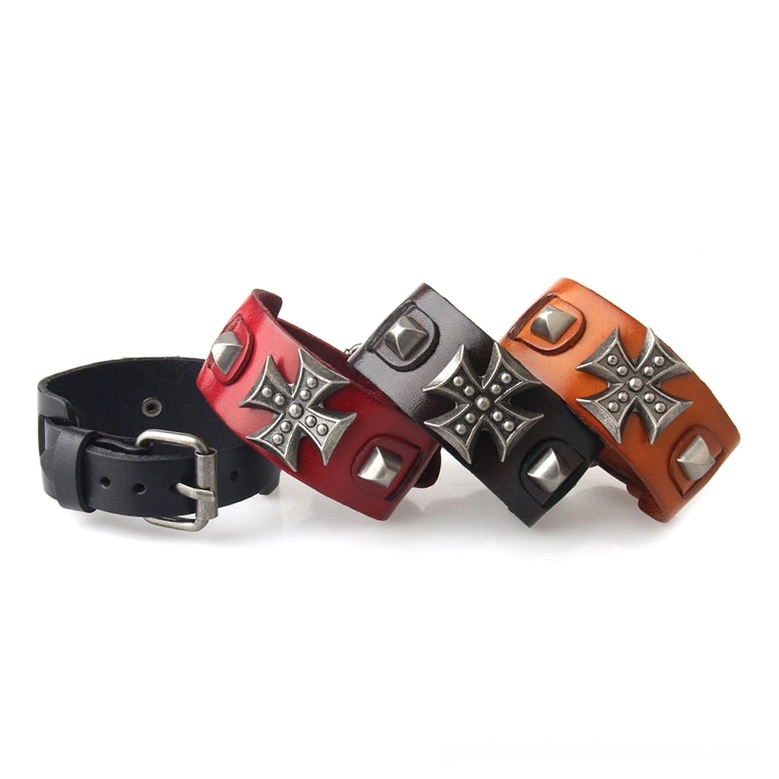 Gothic leather cross wrap bracelet detail shot highlighting craftsmanship, rivets and metal embellishments