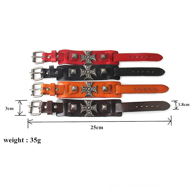 All four color variants of gothic leather cross bracelet set - black, coffee, red, and orange options