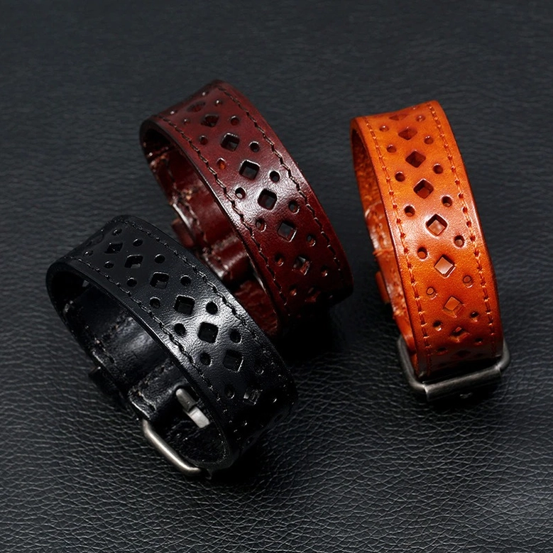 Three-piece geometric leather cuff bracelet collection in black, deep brown, and light brown with square hollow cutout design