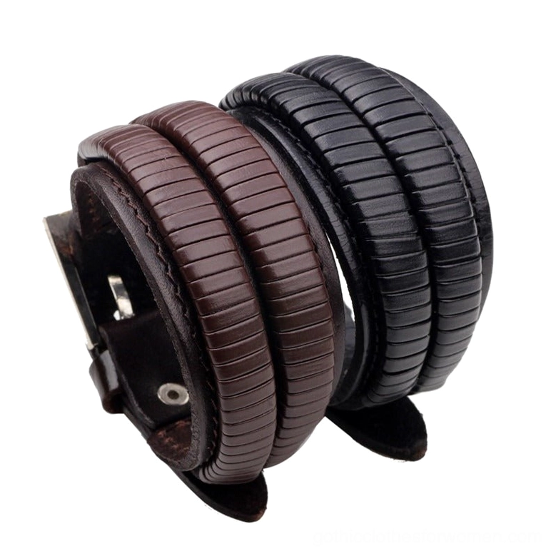 Gothic dual-tone leather cuff bracelet oblique side view showcasing black and brown genuine leather with leaf ornament details