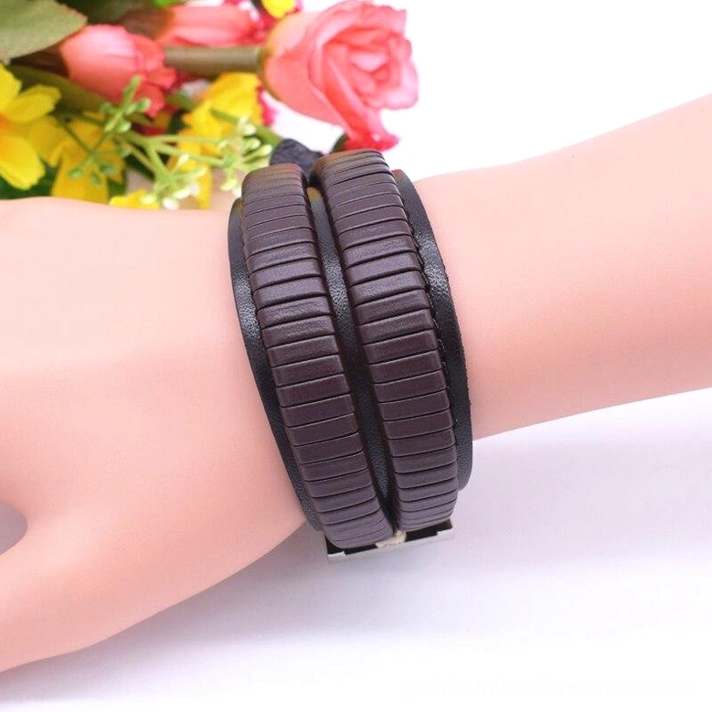 Gothic genuine leather cuff bracelet showcase of metal hardware and double-safety clasp mechanism functionality