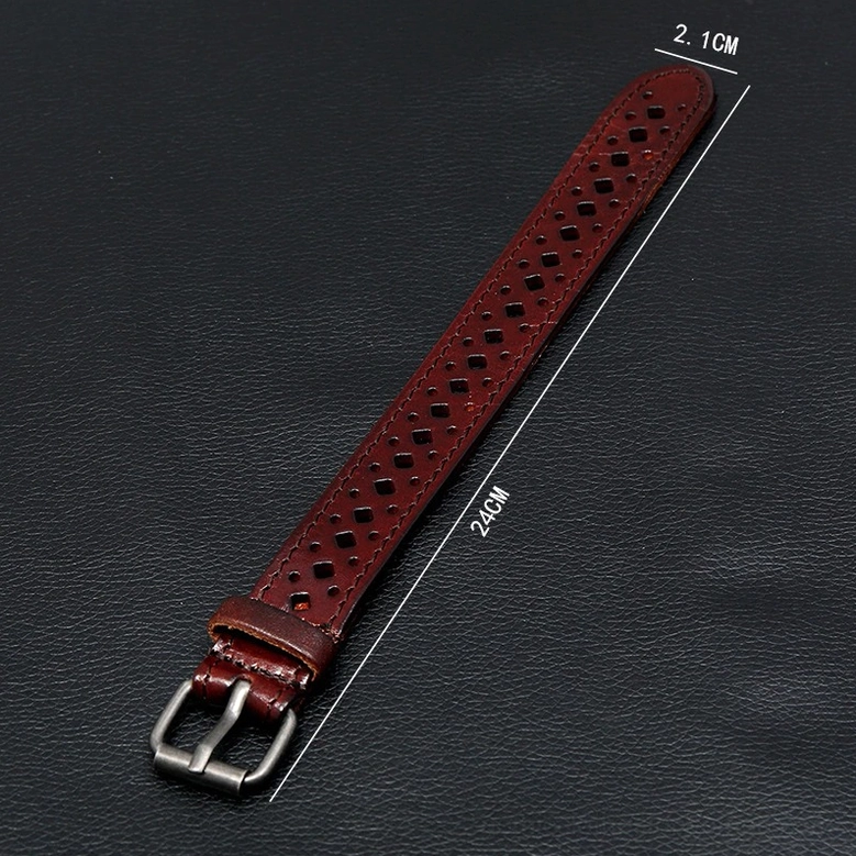 Dark brown leather bracelet strap with size dimension markings showing adjustable buckle and hollow square cutout pattern