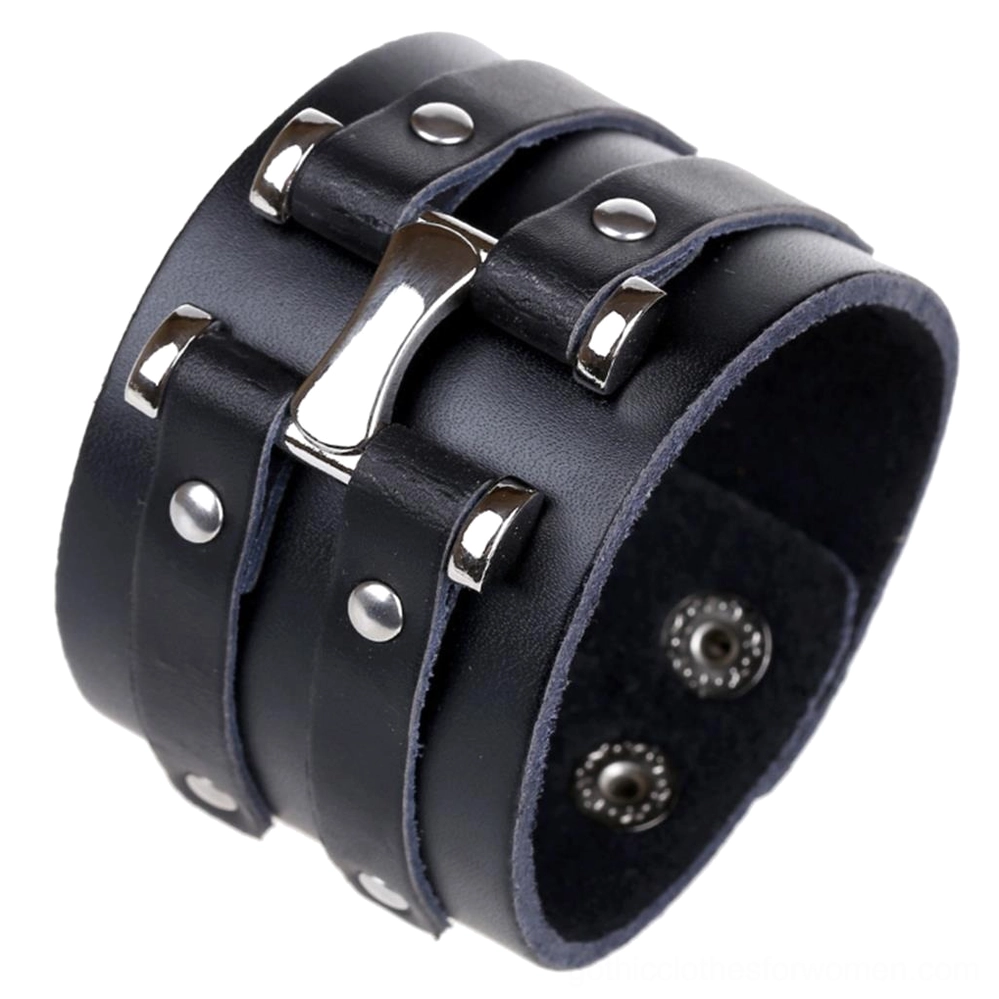 Wide black leather punk rock bracelet side profile, displaying stainless steel buckle and studded metal accents with adjustable snap closures