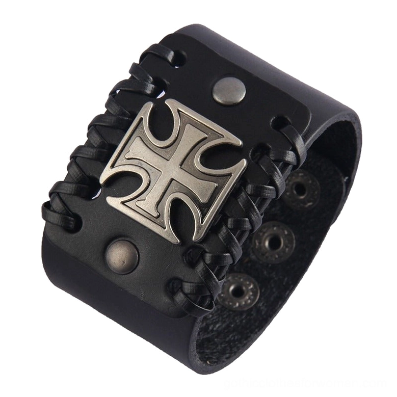 Gothic leather cuff bracelets with Celtic cross - detailed product shots showing silver cross ornament and clasp mechanism