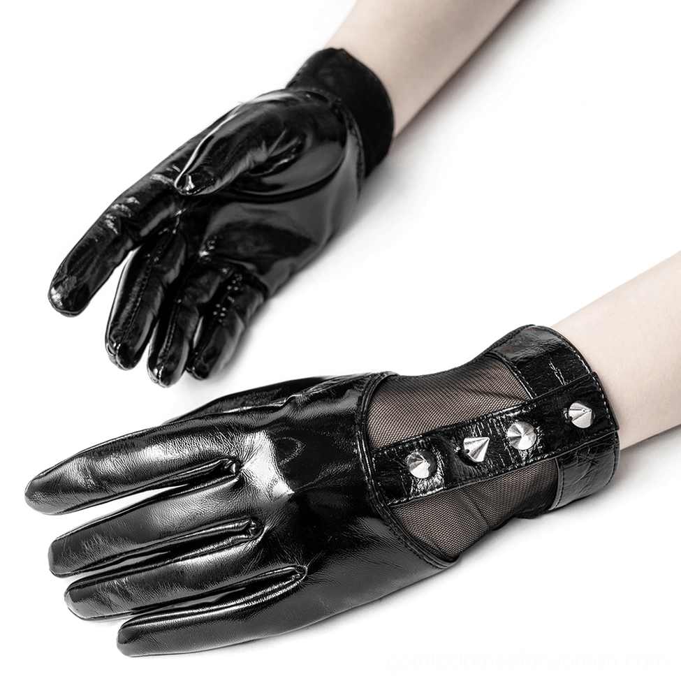 Side close-up detail of black gothic leather gloves highlighting shiny PU finish and metal rivet embellishment