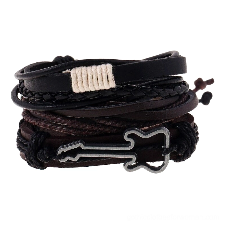 Multi-layer gothic leather bracelet with guitar charm and braided rope flat lay top view