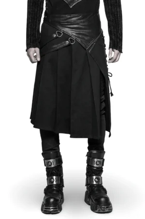 Gothic spliced PU leather detachable half kilt skirt front view on model, featuring black woven twill pleated skirt with leather waist yoke and metal hardware details