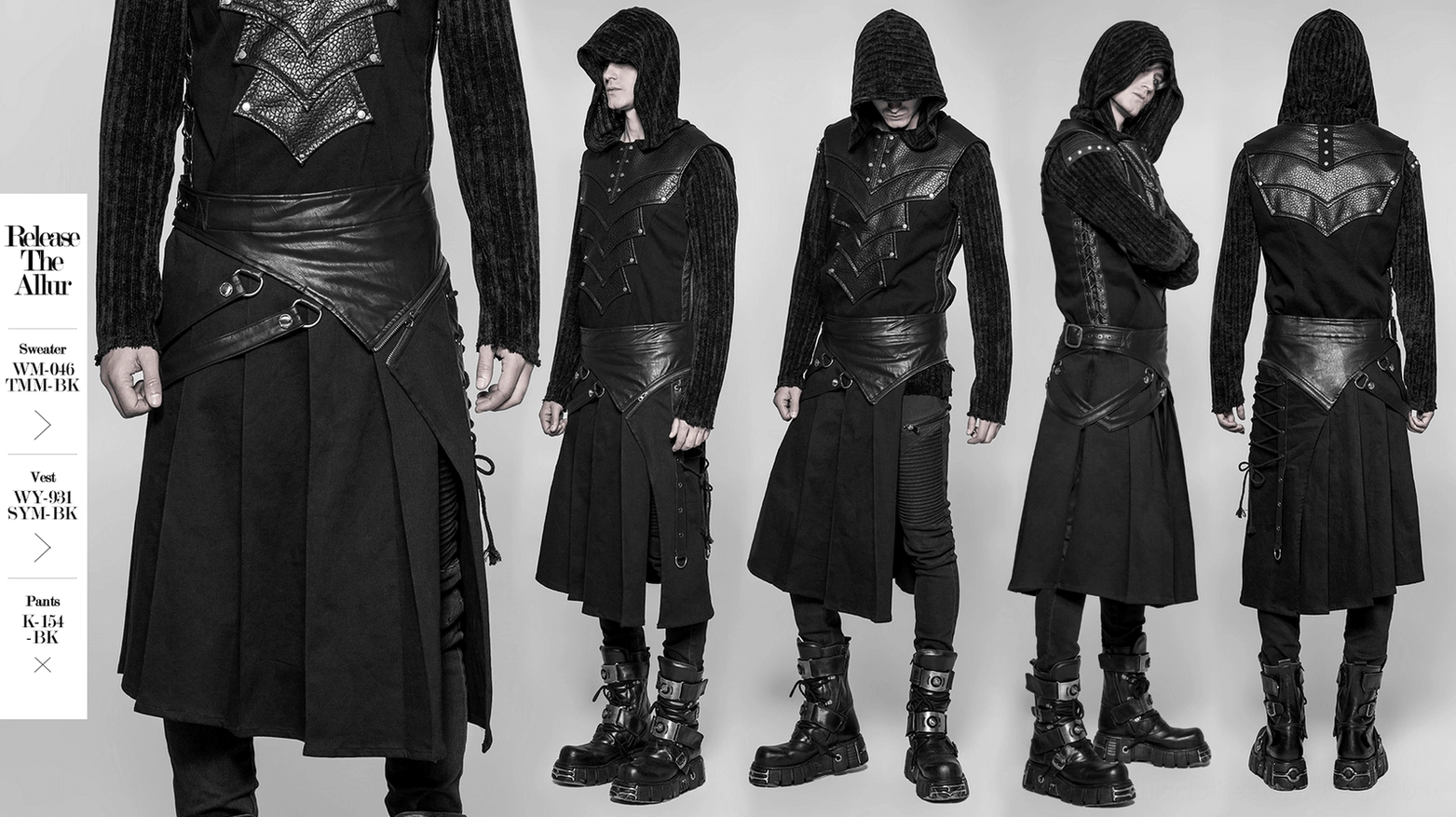 Product shot of Gothic spliced PU leather half kilt skirt highlighting premium fabric blend, detachable panel mechanism, and aesthetic design elements
