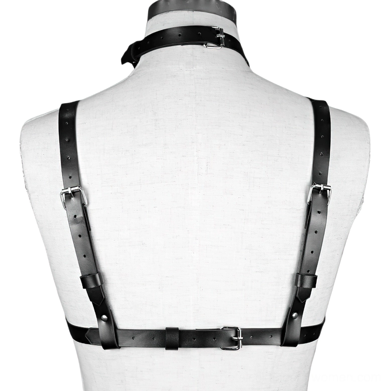 Black PU leather chest harness back view on mannequin showing waist adjustment and shoulder straps