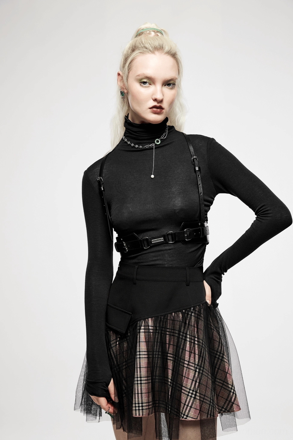 Black PU leather body harness alternative angle view, decorative design elements and metal hardware placement