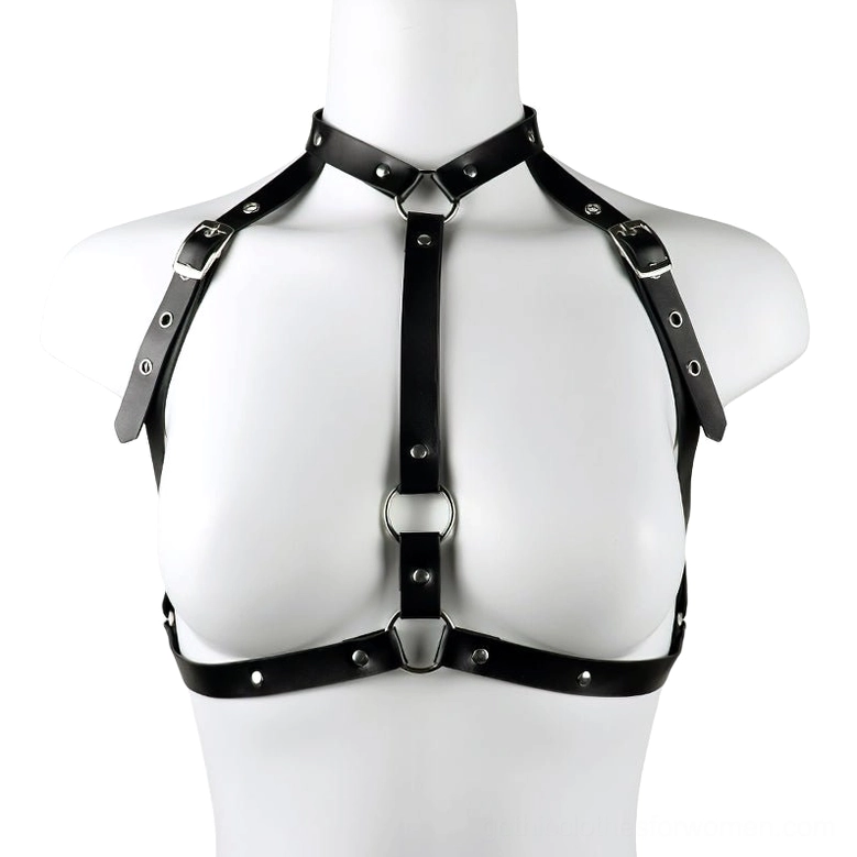 Adjustable black PU leather body cage harness displayed on mannequin torso, front view showing multiple metal rings, riveted straps, and buckle closure