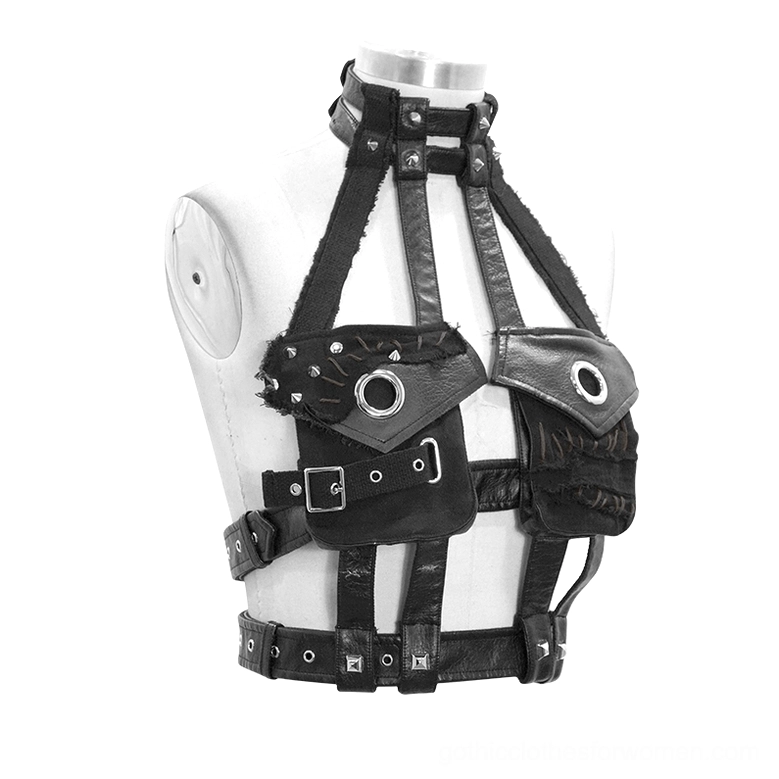 Gothic chest harness with studded leather accents displayed on mannequin right front angle showing rivet placement