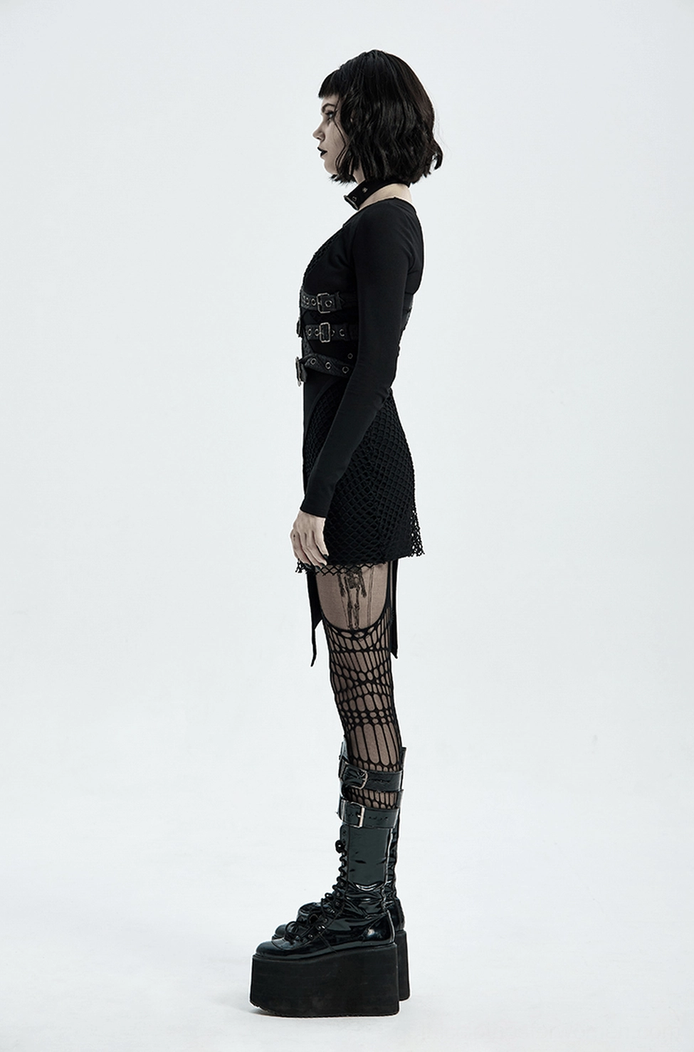 Gothic leather shoulder harness worn styling demonstrating how to wear with alternative dark fashion aesthetic