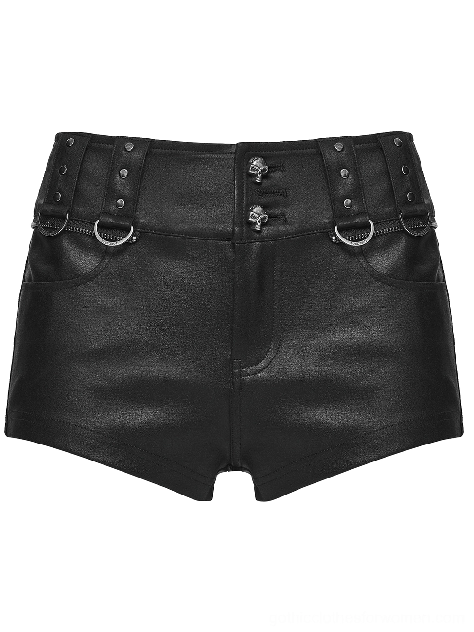 Black gothic faux leather hot pants flat lay featuring high-waisted cut, studded wristband and metal D-ring accents
