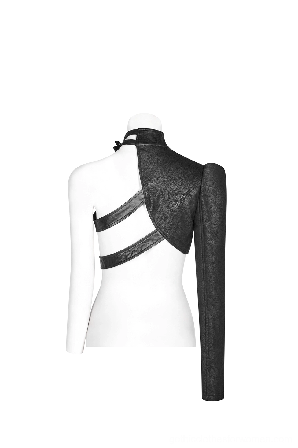 Black gothic faux leather one-shoulder jacket back view - crisscross strap architectural design