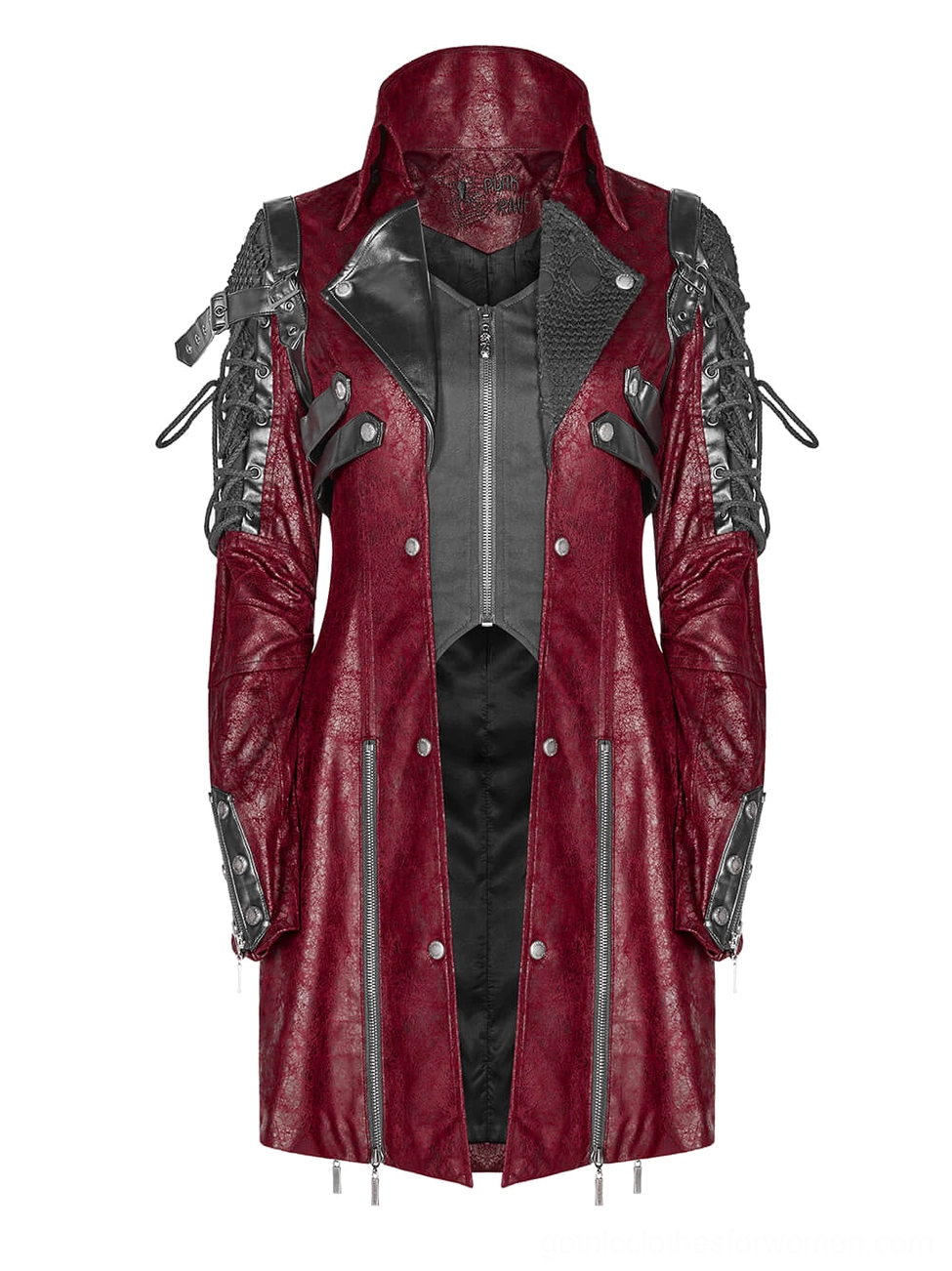 Gothic jacket front detail showing inner zipper closure and snap button front fastening system