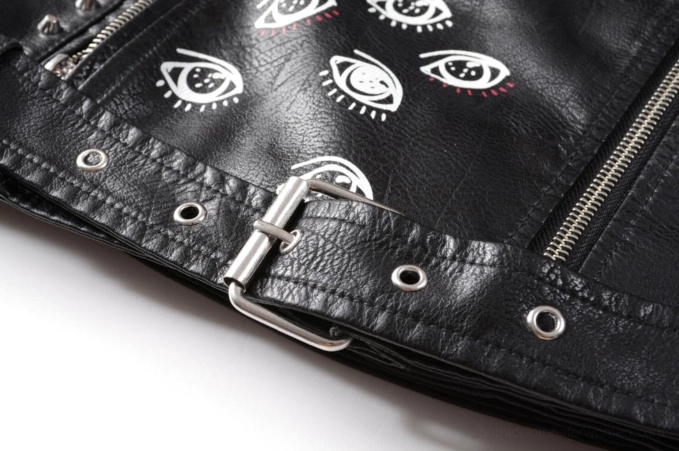 Black faux leather motorcycle jacket full front view showcasing complete 3D print design and decorative elements