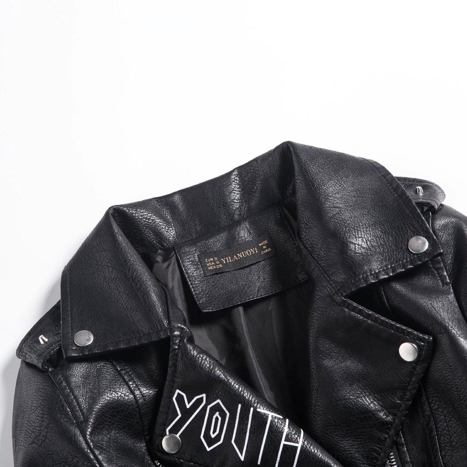 Black PU leather motorcycle jacket full front display with 3D printed graphics studs and gothic rock aesthetic