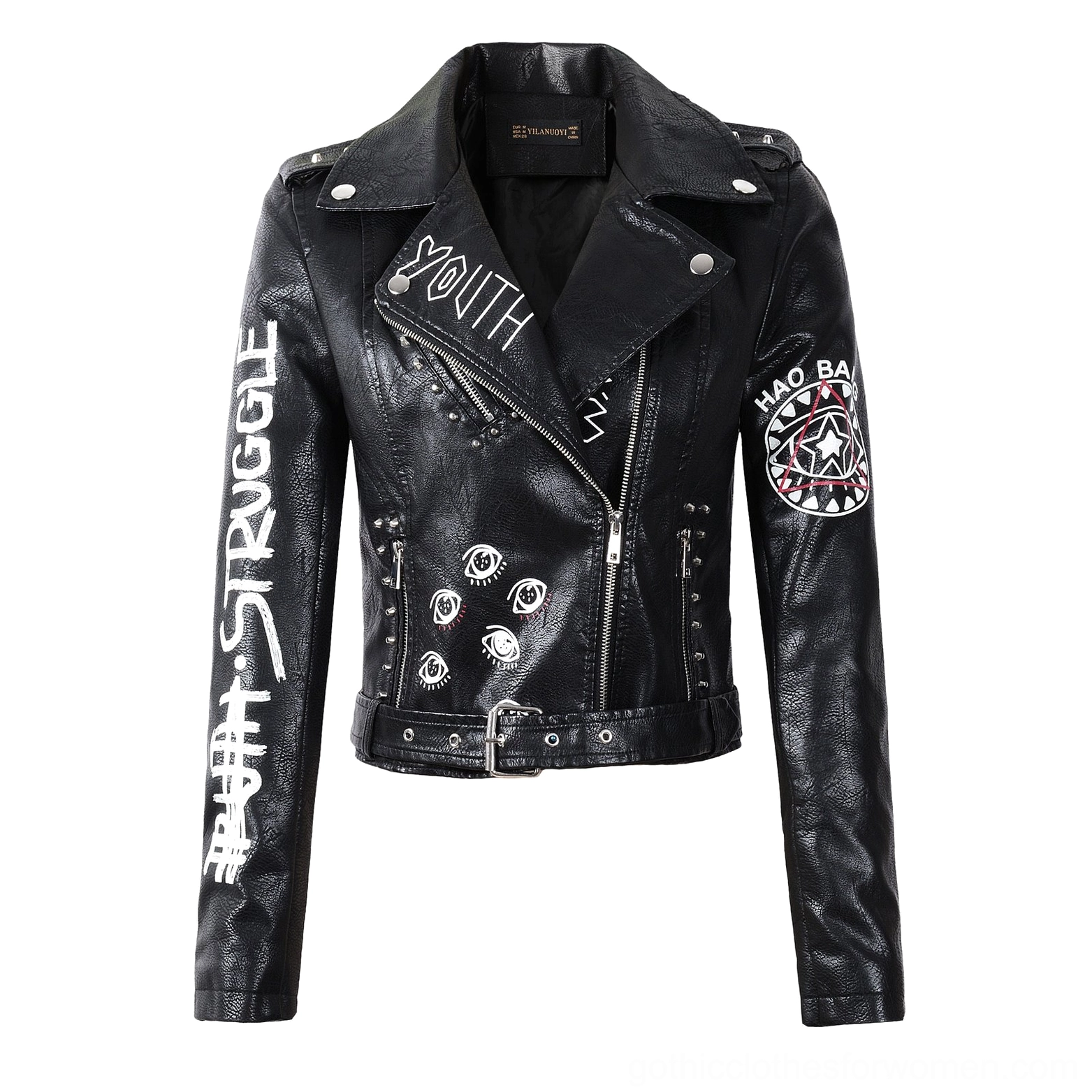 Three-quarter front view of black faux leather motorcycle jacket with multiple studs zippers and printed decorations on white backdrop
