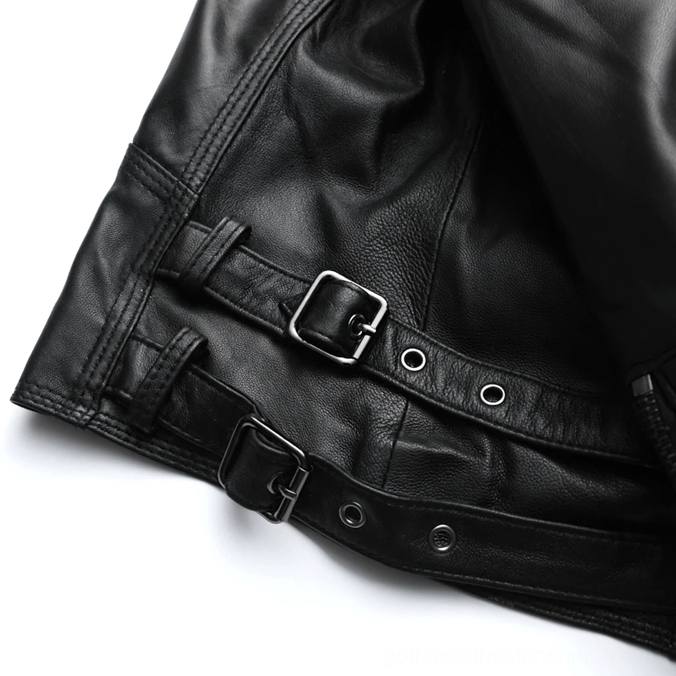 Women's black leather gothic biker jacket versatile styling opportunity with alternative fashion