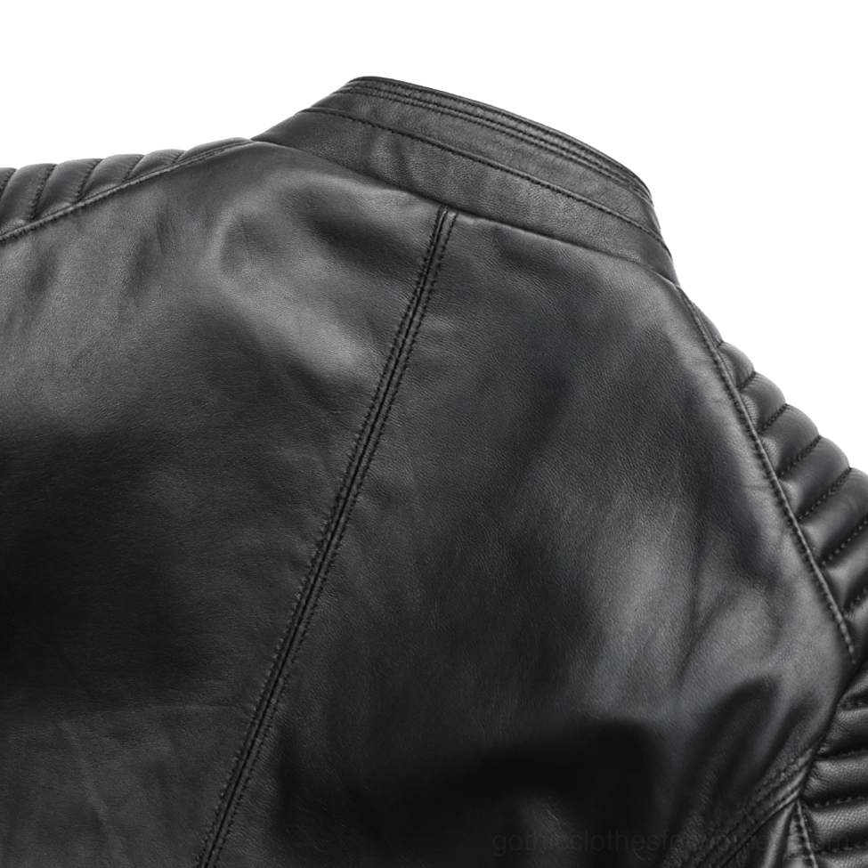 Women's genuine leather gothic biker jacket worn view showing fit and proportions on model