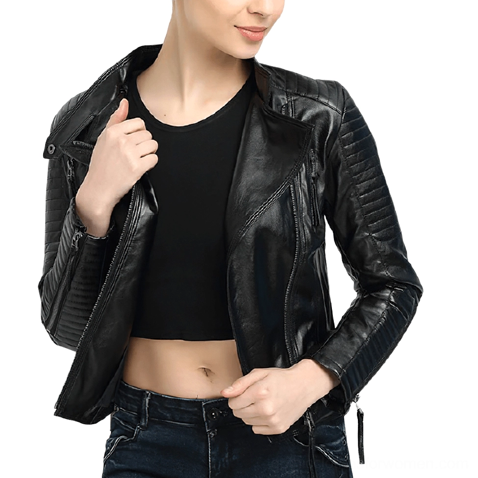 Women's black genuine leather gothic biker jacket front view with asymmetrical zipper and quilted sleeves