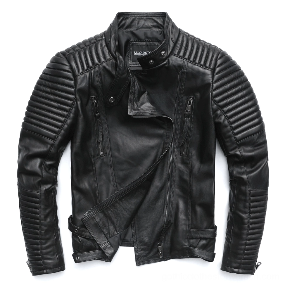 Women's leather gothic biker jacket open front displaying asymmetrical zipper and satin lining