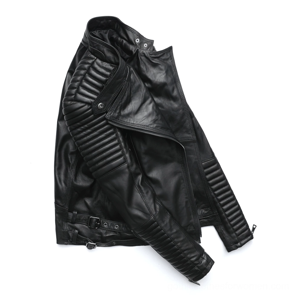 Women's genuine leather gothic biker jacket side view showing quilted sleeves and snap collar