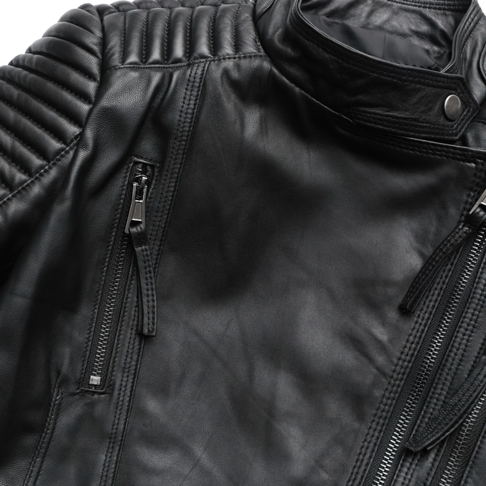 Women's genuine leather gothic jacket size tag and brand quality certification inside pocket