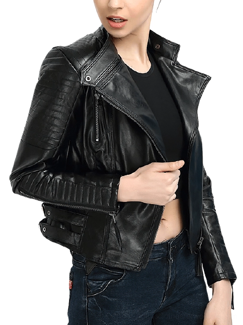 Genuine leather women's gothic moto jacket close-up showing fabric texture and stitching quality