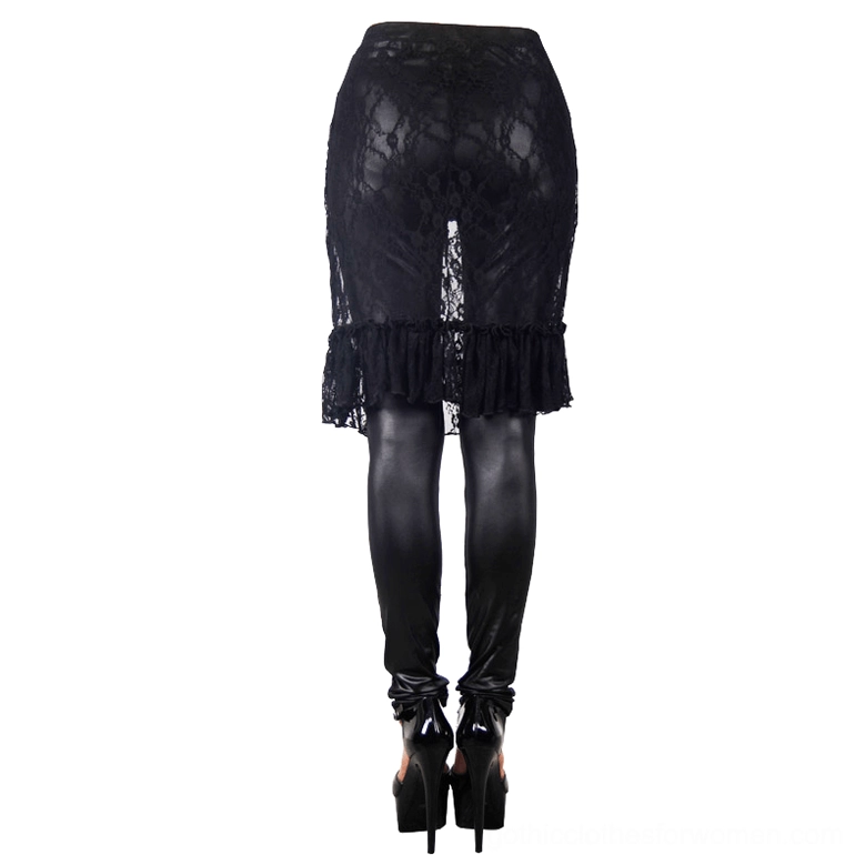 Gothic faux leather leggings with lace skirt rear view, showing full ruffled lace back overlay detail