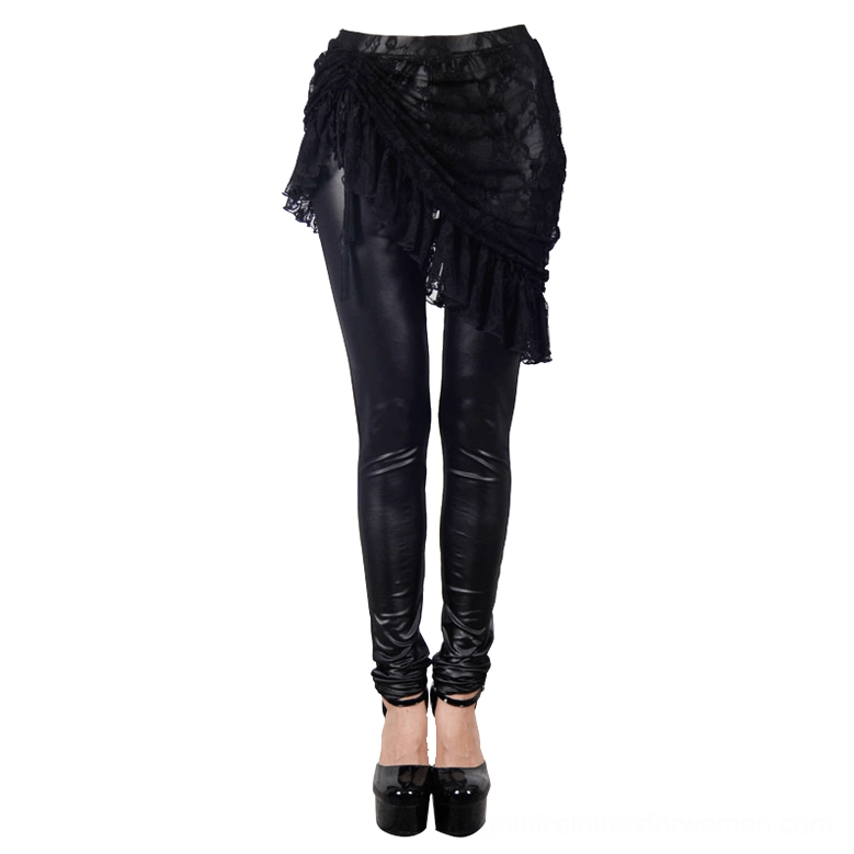 Gothic faux leather leggings with ruffled lace overlay, three-quarter rear view with platform heels