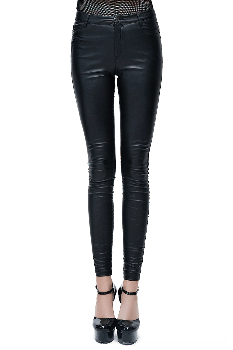 Black PU leather gothic pants with skull buttons worn by model in front view showing slim-fit silhouette and high-waist design