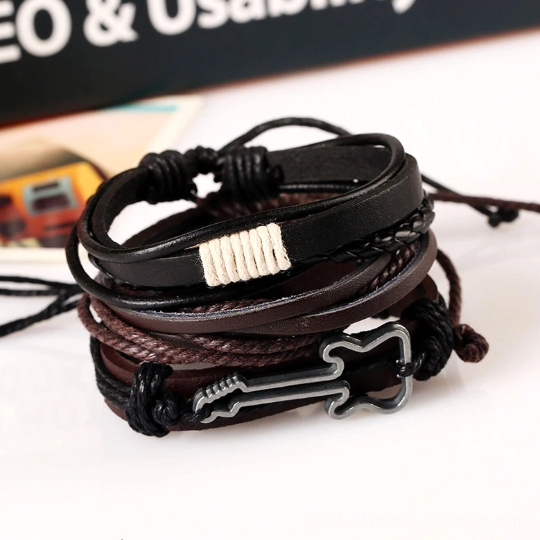 Multi-layer gothic leather and woven rope bracelet with adjustable drawstring closure