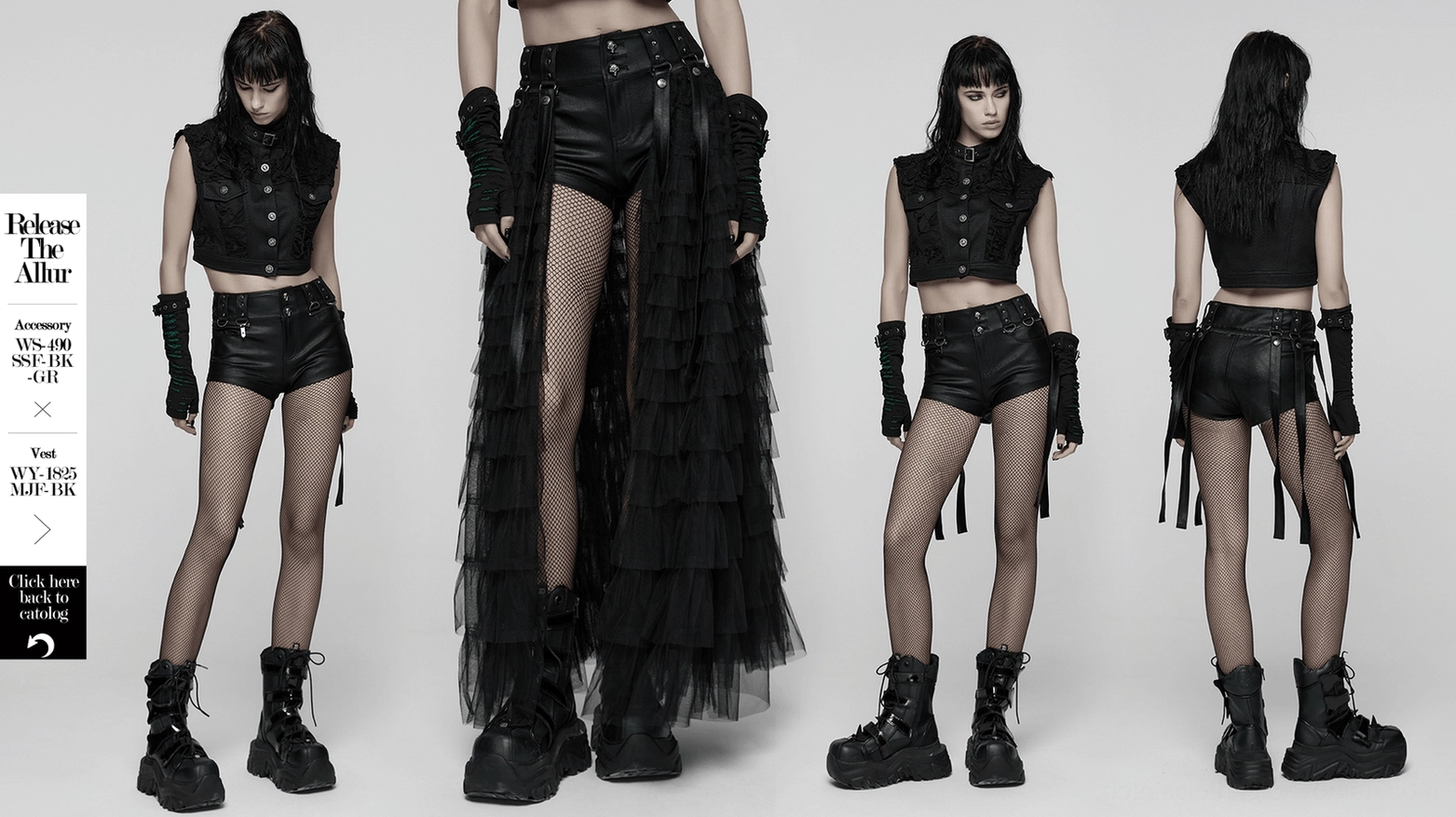 Black gothic faux leather shorts with tulle overskirt components displayed separately to show layered construction