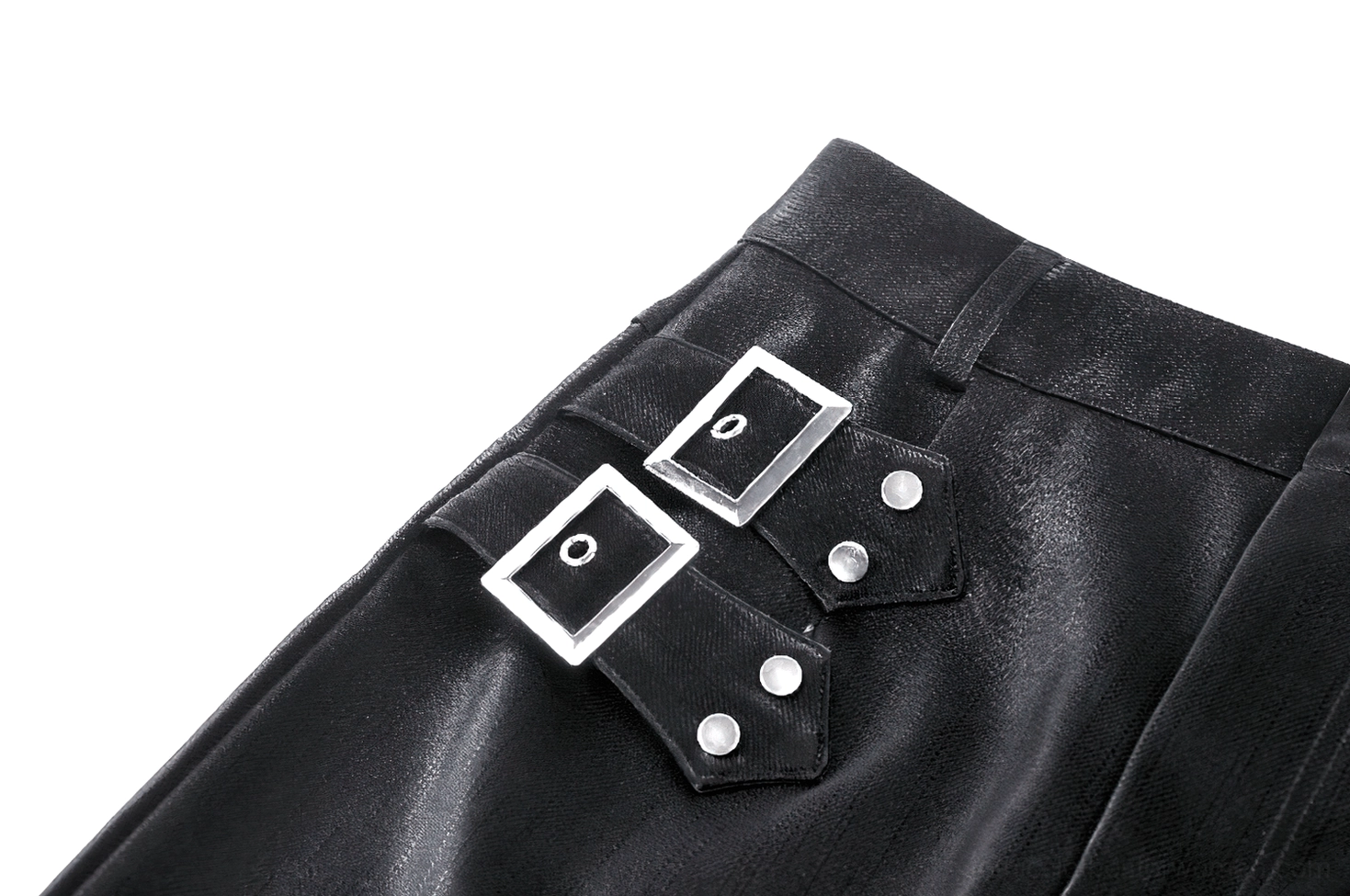 Waist buckle close-up of black PU leather gothic skirt featuring dual square buckles and rivet accent detailing