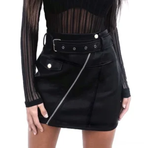 Black high-waist faux leather gothic mini skirt front view with diagonal zipper and waist belt on model