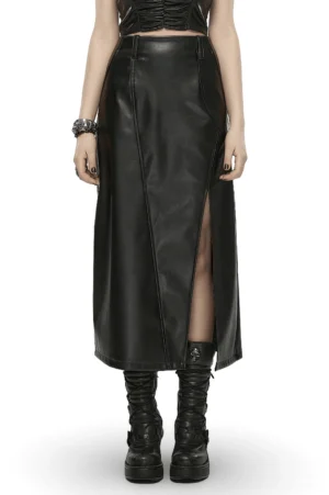 Black faux leather high-waist A-line gothic skirt front view with dramatic side thigh slit on model, studio photography