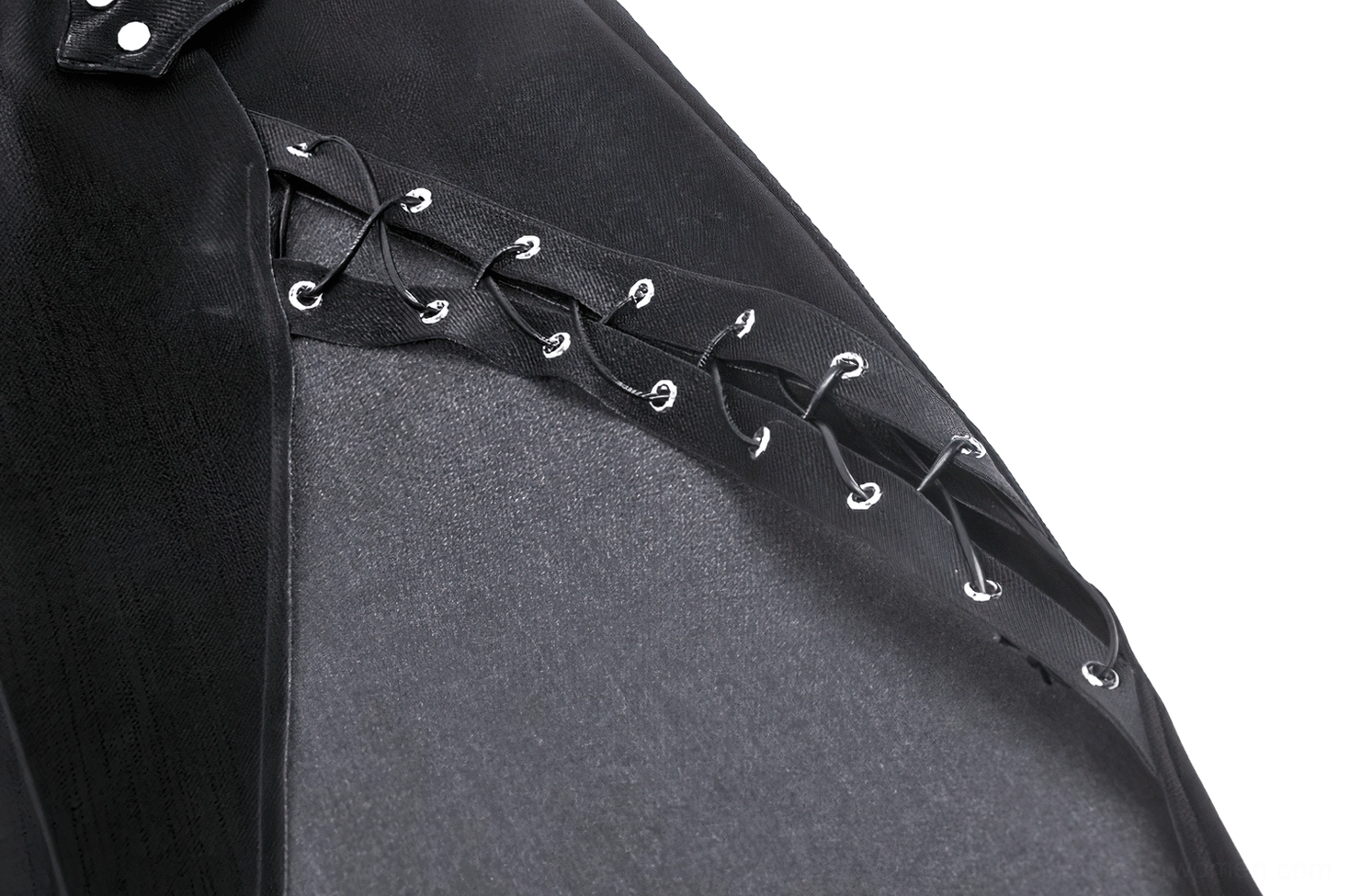 Side lace-up detail close-up of black PU leather gothic skirt showing metal eyelets and authentic corset-inspired lacing