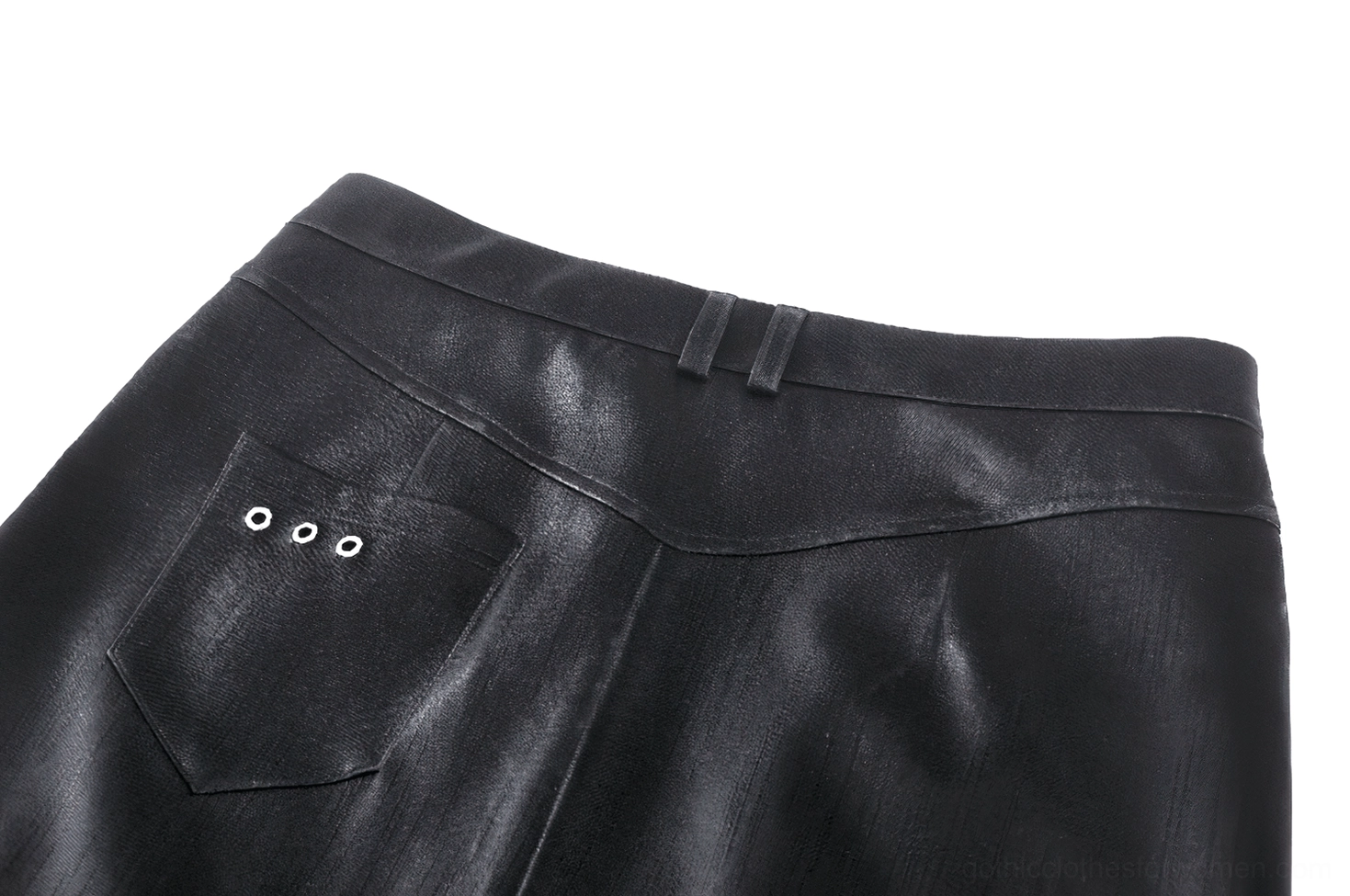 Back pocket close-up of black PU leather gothic skirt showing eyelet embellishment and premium leather texture