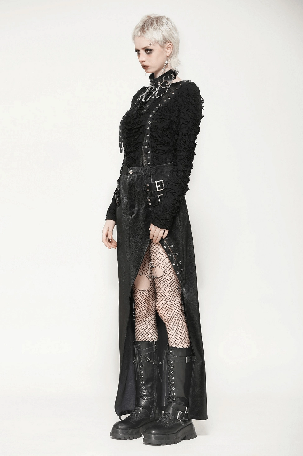 Black PU leather asymmetrical gothic skirt displaying premium leather finish and precise buckle placement
