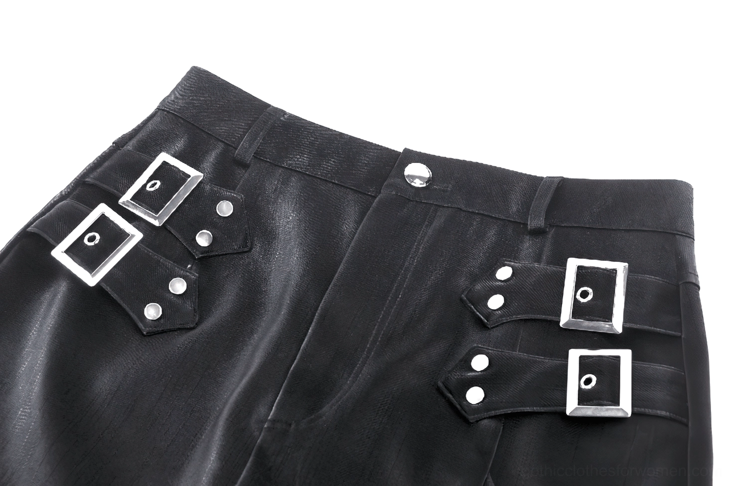 Close-up of black PU leather waistband featuring square metal buckles and industrial-style button closure detail
